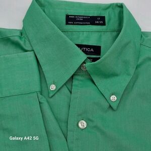 Nautica Vintage Oxford Wrinkle Free Button Down Shirt Size 17 34 35 Green XL